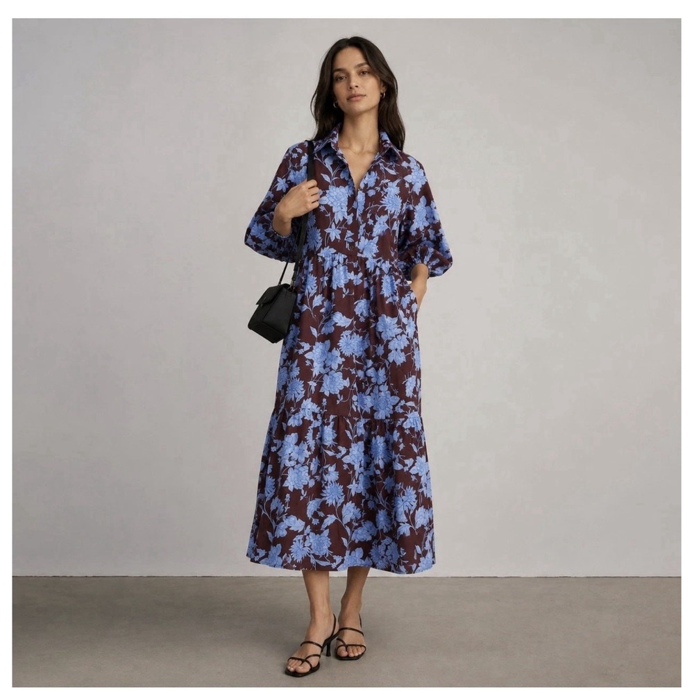 Maeve Adaptive Bettina Tiered Shirt Midi Dress Womens M Brown Floral Relaxed